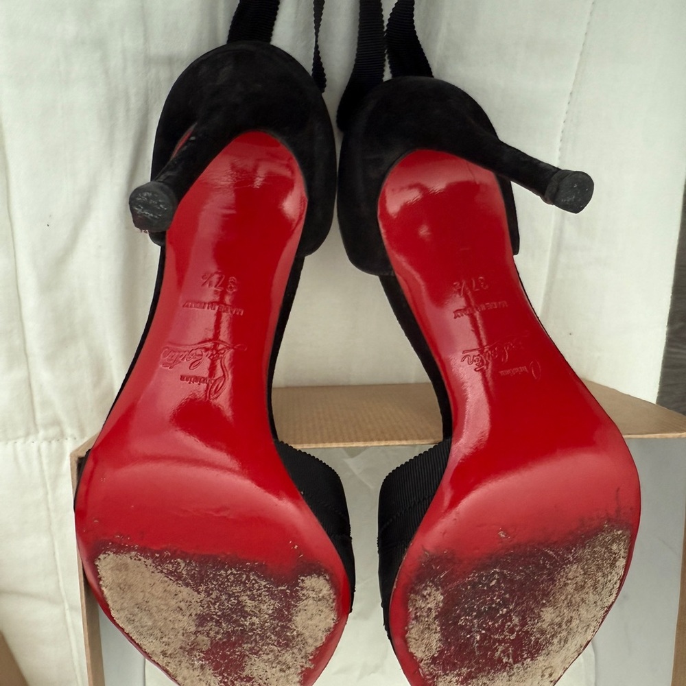 Christian Louboutin Black Peep-Toe ribbon-strapped Heels - Picture 13 of 13